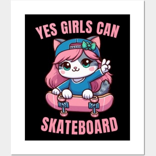 Yes Girls Can Skateboard, Skater Cat Girl Posters and Art